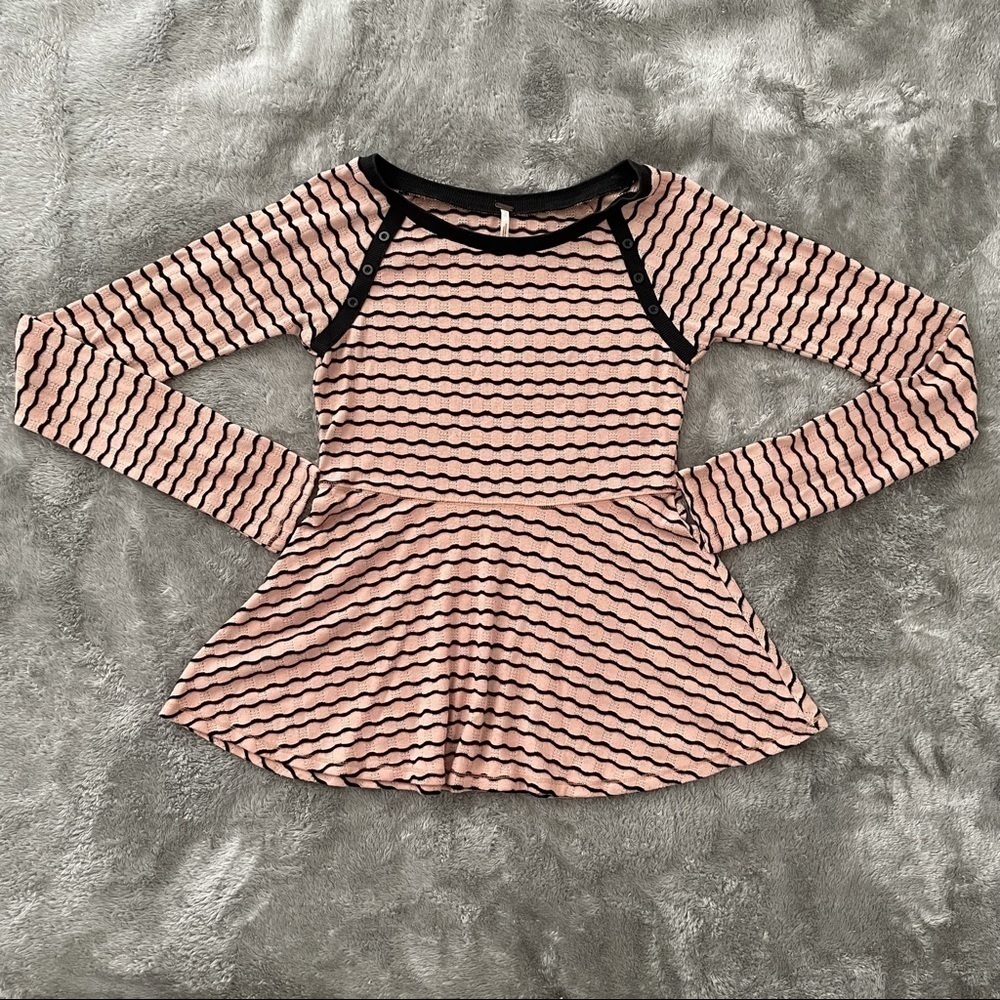 Free People Long Sleeve Striped Peplum Blouse Pink Black Wavy Stripes Small